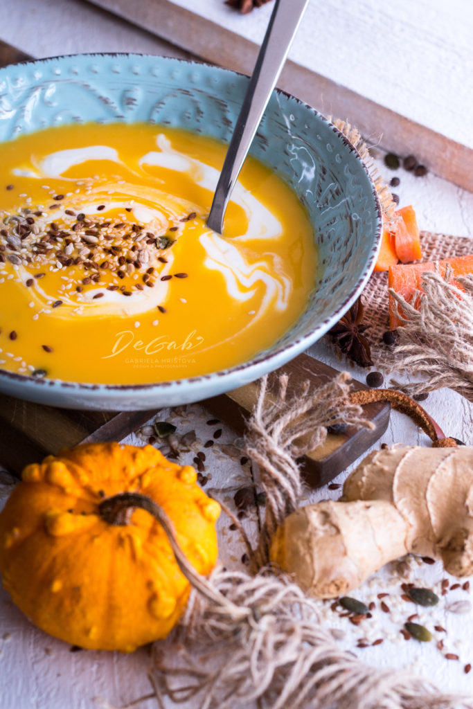 A creamy pumpkin soup with a touch of ginger